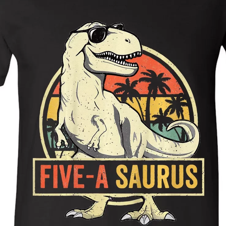 Kids 5 Year Old Dinosaur Birthday 5th T Rex Dino Five Saurus V-Neck T-Shirt