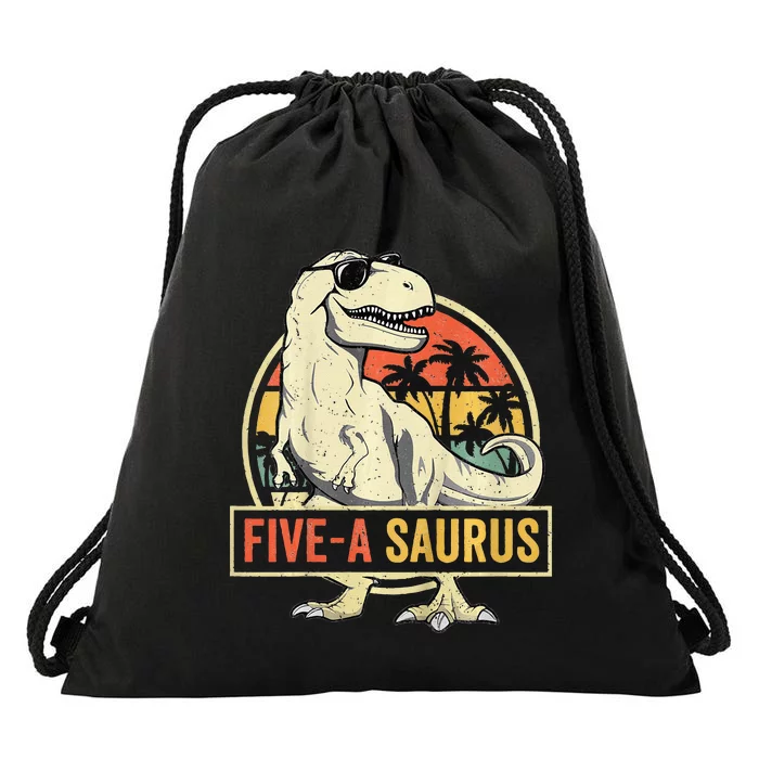 Kids 5 Year Old Dinosaur Birthday 5th T Rex Dino Five Saurus Drawstring Bag