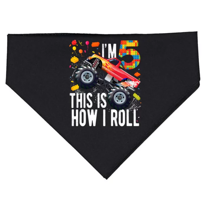 Kids 5 Year Old Building Blocks Monster Truck 5th Birthday Boy USA-Made Doggie Bandana