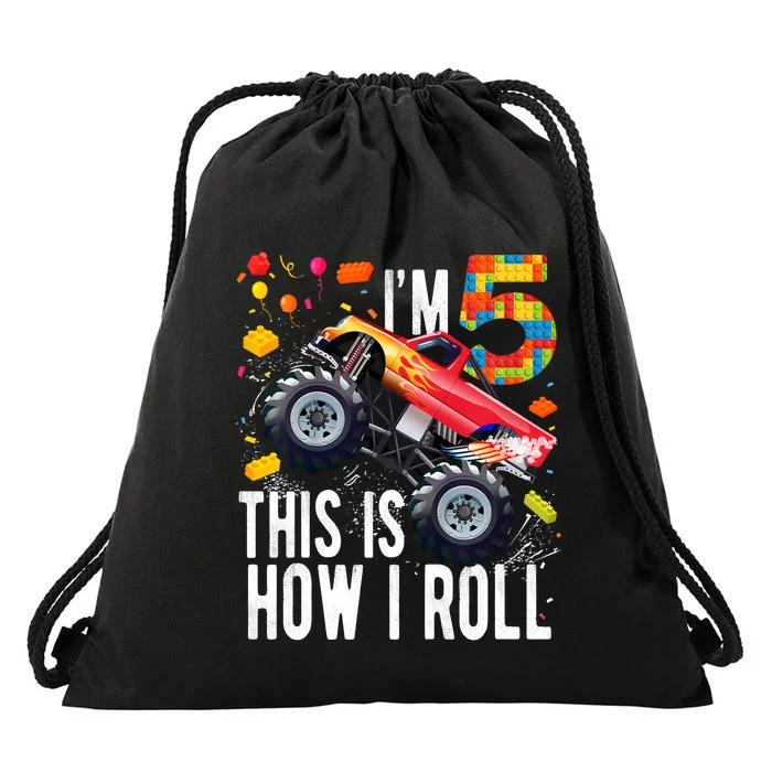 Kids 5 Year Old Building Blocks Monster Truck 5th Birthday Boy Drawstring Bag