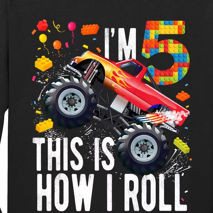 Kids 5 Year Old Building Blocks Monster Truck 5th Birthday Boy Tall Long Sleeve T-Shirt