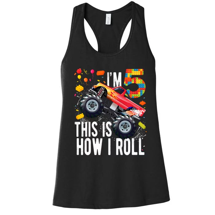 Kids 5 Year Old Building Blocks Monster Truck 5th Birthday Boy Women's Racerback Tank