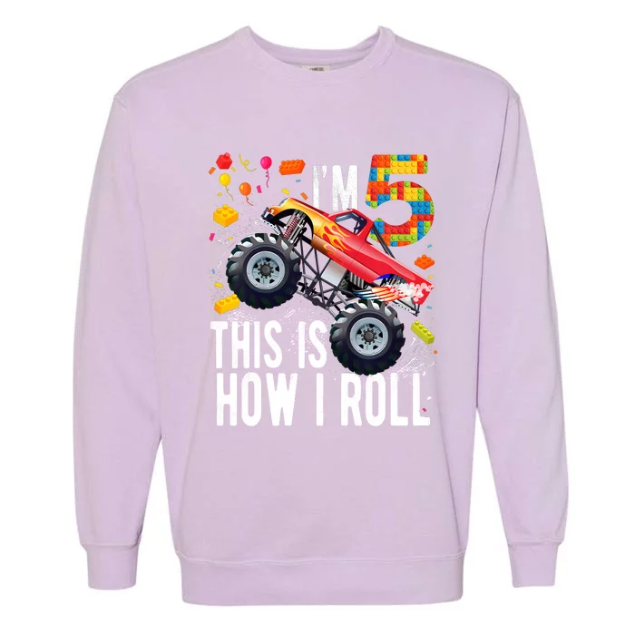 Kids 5 Year Old Building Blocks Monster Truck 5th Birthday Boy Garment-Dyed Sweatshirt