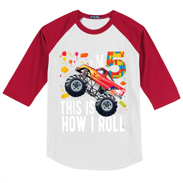 Kids 5 Year Old Building Blocks Monster Truck 5th Birthday Boy Kids Colorblock Raglan Jersey