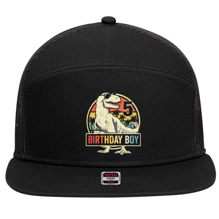 Kids 5 Year Old 5th Birthday Boy T Rex Dinosaur 7 Panel Mesh Trucker Snapback Hat