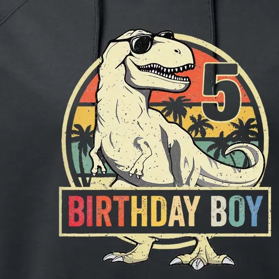 Kids 5 Year Old 5th Birthday Boy T Rex Dinosaur Performance Fleece Hoodie