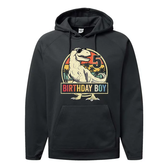 Kids 5 Year Old 5th Birthday Boy T Rex Dinosaur Performance Fleece Hoodie