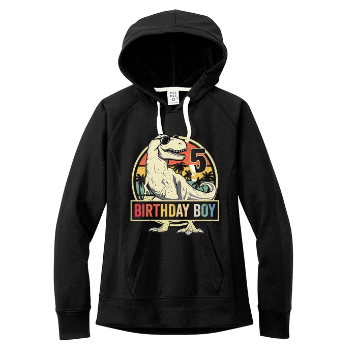 Kids 5 Year Old 5th Birthday Boy T Rex Dinosaur Women's Fleece Hoodie