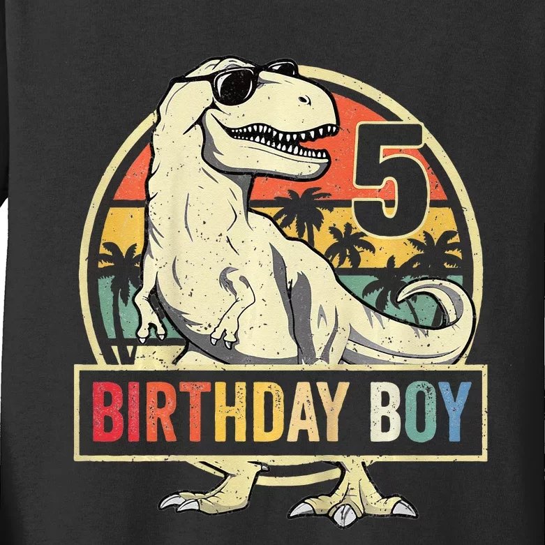 Kids 5 Year Old 5th Birthday Boy T Rex Dinosaur Kids Long Sleeve Shirt