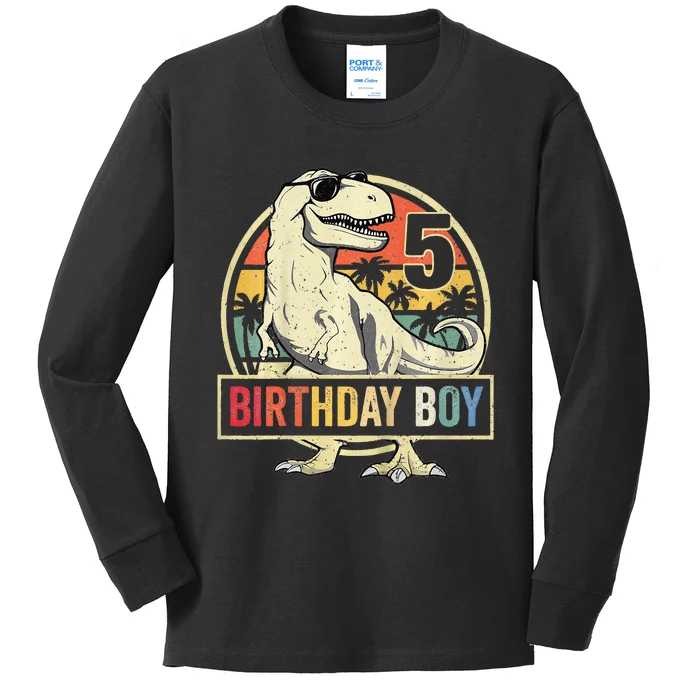 Kids 5 Year Old 5th Birthday Boy T Rex Dinosaur Kids Long Sleeve Shirt