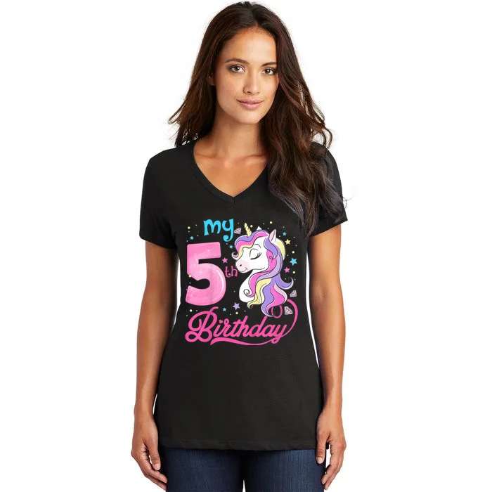 K.i.d.s 5 Years Old Unicorn Face 5th Birthday Girl Unicorn Party Women's V-Neck T-Shirt