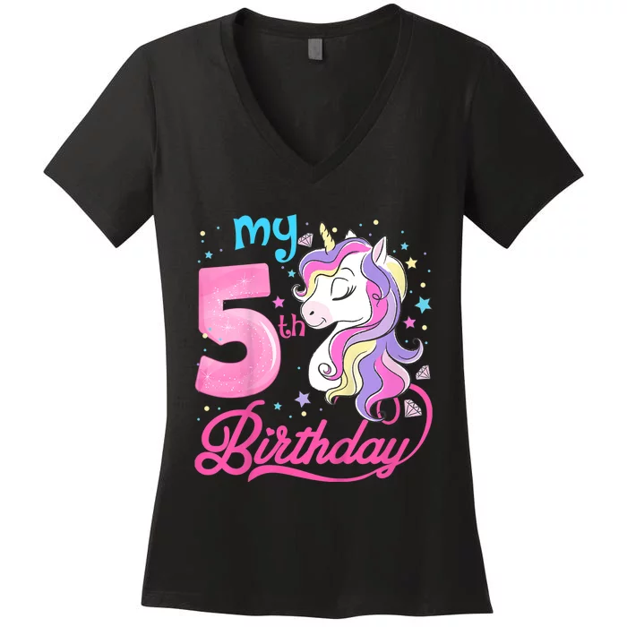 K.i.d.s 5 Years Old Unicorn Face 5th Birthday Girl Unicorn Party Women's V-Neck T-Shirt