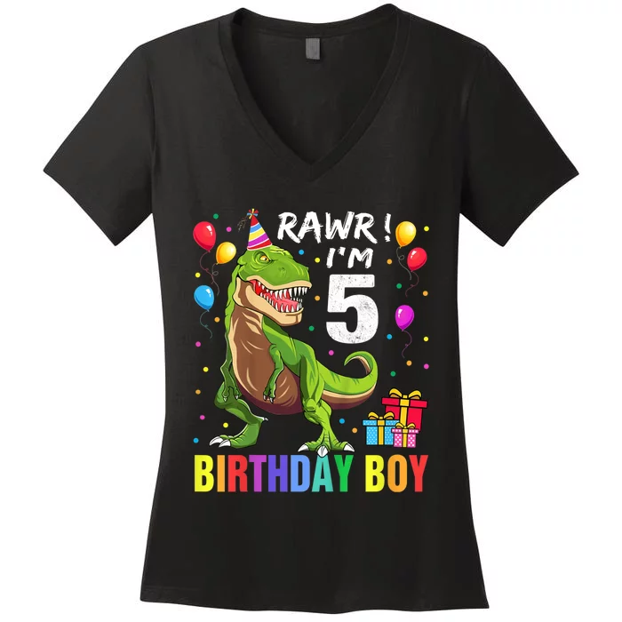 K.i.d.s 5 Year Old Shirt 5th Birthday Boy T Rex Dinosaur Shirt Women's V-Neck T-Shirt