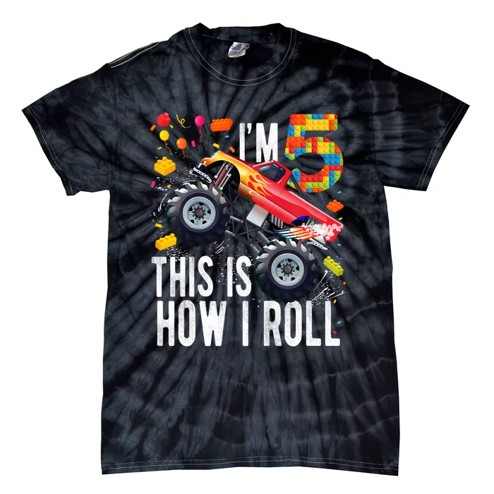 Kids 5 Year Old Building Blocks Monster Truck 5th Birthday Boy Tie-Dye T-Shirt