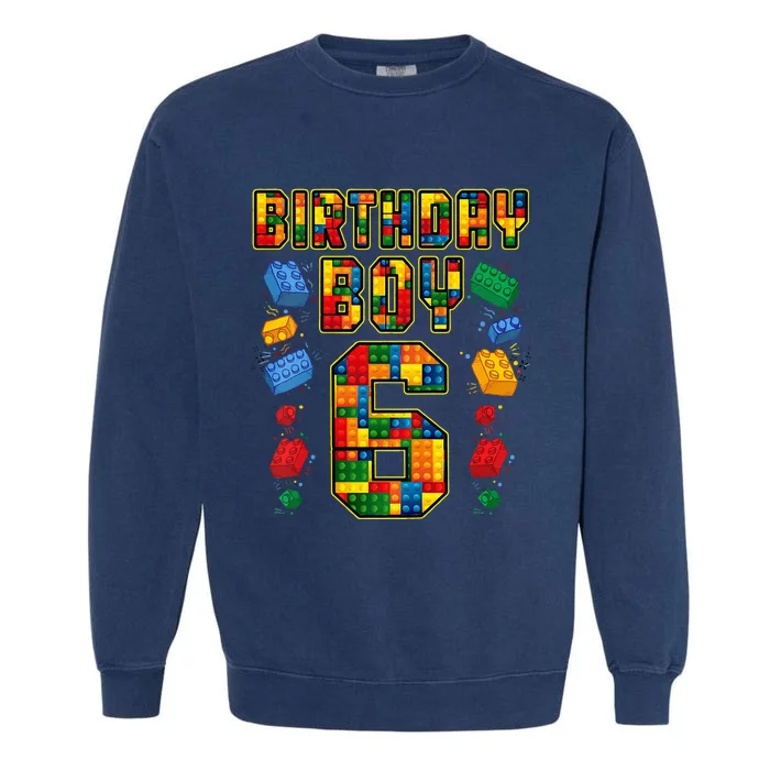 Kids 6th Birthday Master Builder 6 Years Old Block Building Garment-Dyed Sweatshirt