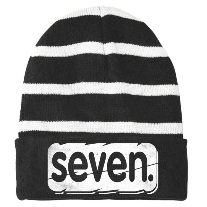 Kids 7th Birthday Boy Seven 7 Year Old Birthday For Boy Striped Beanie with Solid Band