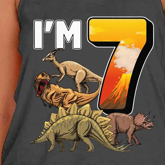 Kids 7 Year Old Dinosaurs Birthday 7th Party Paleontologist Women's Knotted Racerback Tank