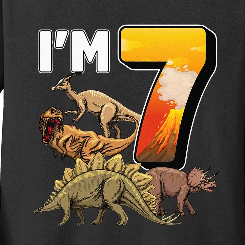 Kids 7 Year Old Dinosaurs Birthday 7th Party Paleontologist Kids Long Sleeve Shirt