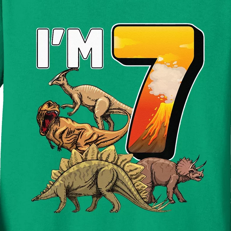 Kids 7 Year Old Dinosaurs Birthday 7th Party Paleontologist Kids Long Sleeve Shirt