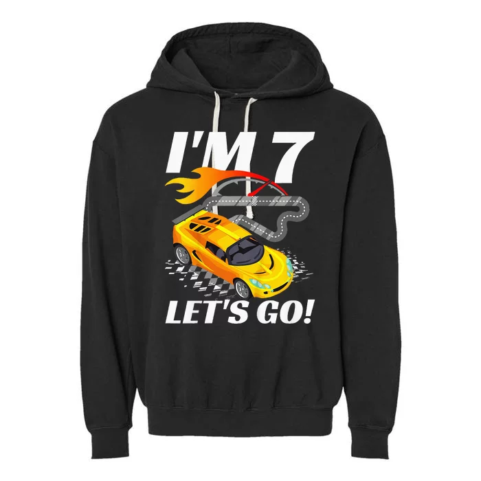 Kids 7 Year Old 7th Racing Racecar Birthday Party Garment-Dyed Fleece Hoodie