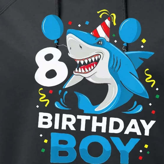 Kids 8th Birthday Boy Shark Ocean Theme Party 8 Years Old For Boy Performance Fleece Hoodie