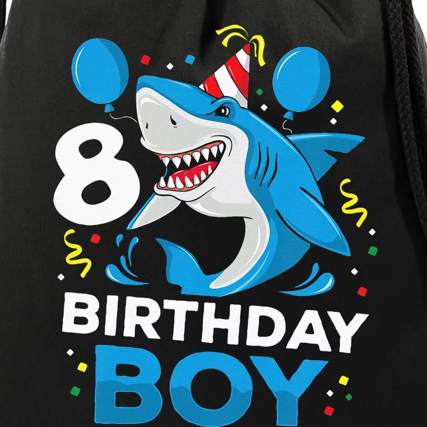 Kids 8th Birthday Boy Shark Ocean Theme Party 8 Years Old For Boy Drawstring Bag