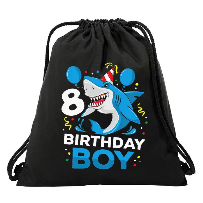 Kids 8th Birthday Boy Shark Ocean Theme Party 8 Years Old For Boy Drawstring Bag