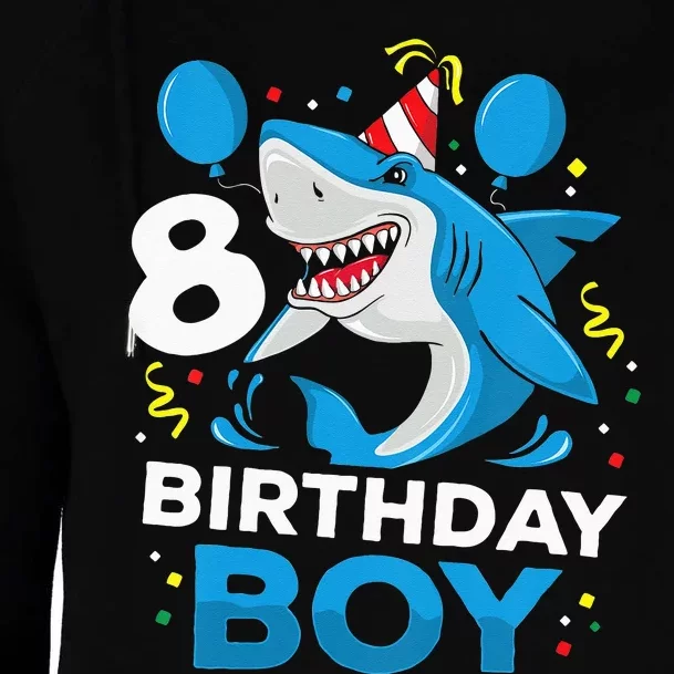 Kids 8th Birthday Boy Shark Ocean Theme Party 8 Years Old For Boy Womens Funnel Neck Pullover Hood