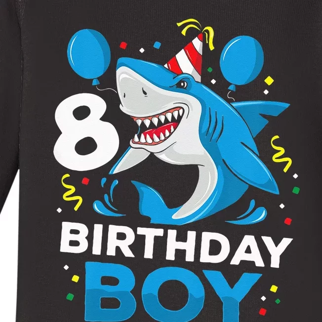 Kids 8th Birthday Boy Shark Ocean Theme Party 8 Years Old For Boy Baby Long Sleeve Bodysuit