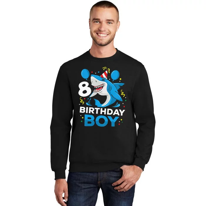 Kids 8th Birthday Boy Shark Ocean Theme Party 8 Years Old For Boy Tall Sweatshirt