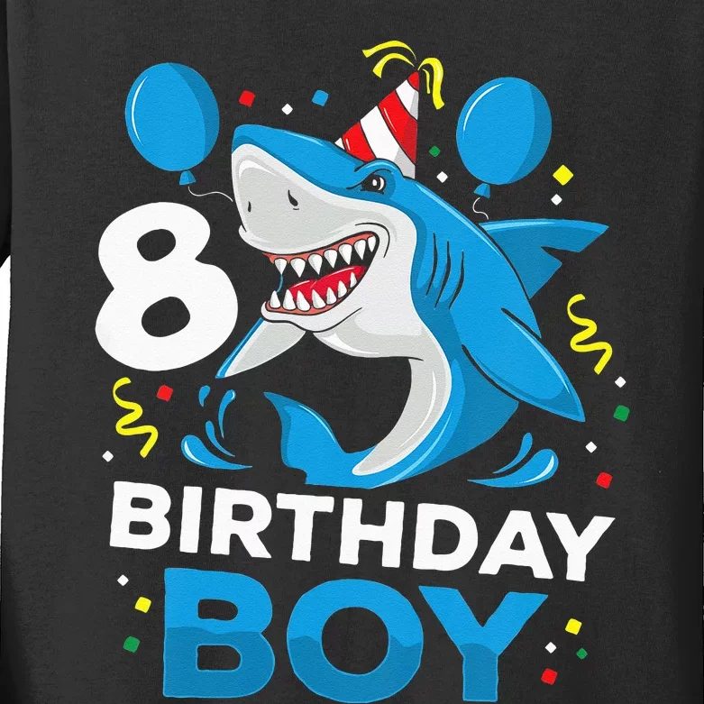 Kids 8th Birthday Boy Shark Ocean Theme Party 8 Years Old For Boy Kids Long Sleeve Shirt