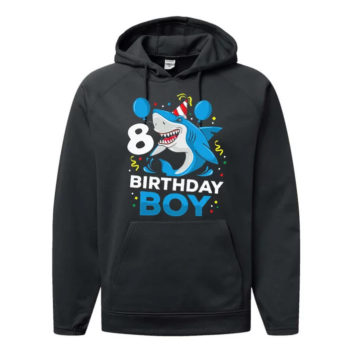 Kids 8th Birthday Boy Shark Ocean Theme Party 8 Years Old For Boy Performance Fleece Hoodie