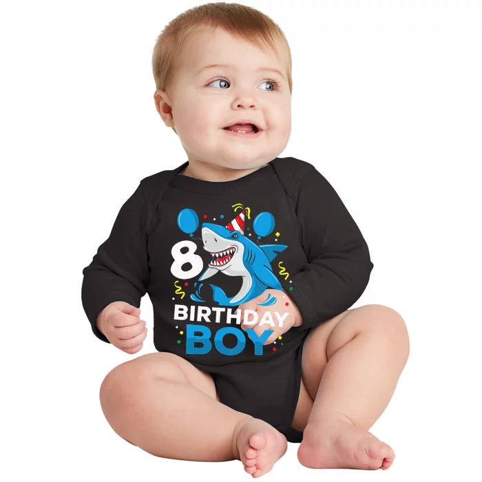 Kids 8th Birthday Boy Shark Ocean Theme Party 8 Years Old For Boy Baby Long Sleeve Bodysuit