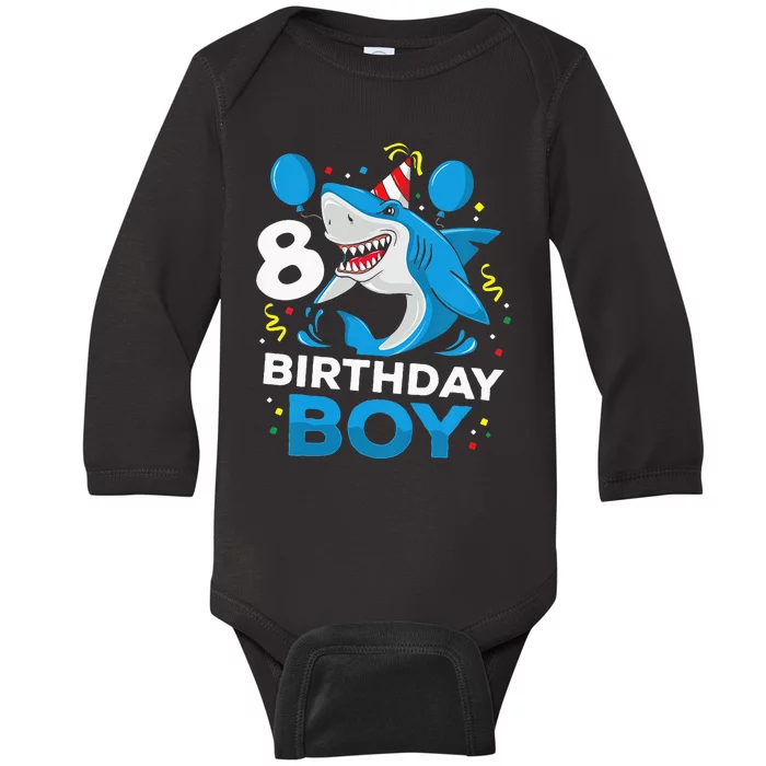 Kids 8th Birthday Boy Shark Ocean Theme Party 8 Years Old For Boy Baby Long Sleeve Bodysuit