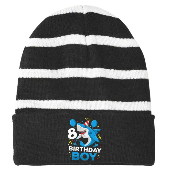 Kids 8th Birthday Boy Shark Ocean Theme Party 8 Years Old For Boy Striped Beanie with Solid Band