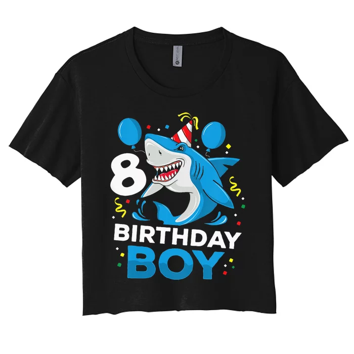 Kids 8th Birthday Boy Shark Ocean Theme Party 8 Years Old For Boy Women's Crop Top Tee