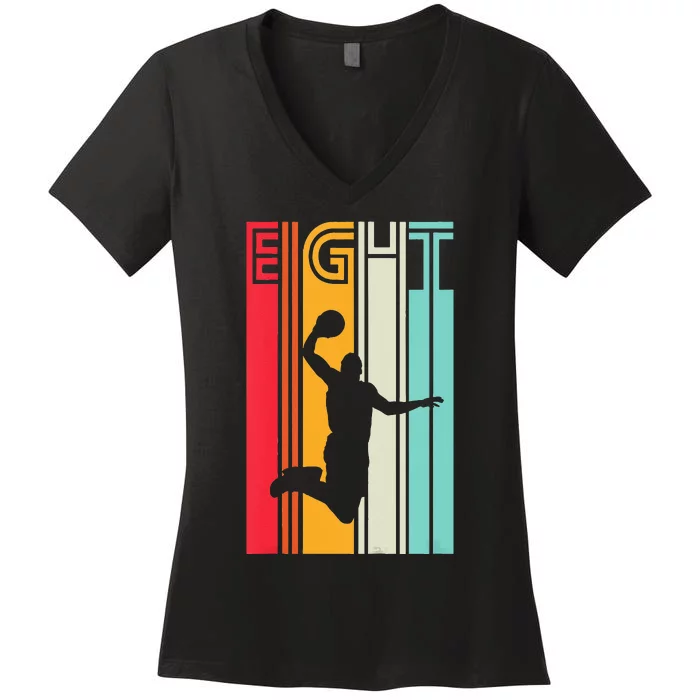 Kids 8th Birthday Basketball Lover Gift 8 Years Old Retro Women's V-Neck T-Shirt