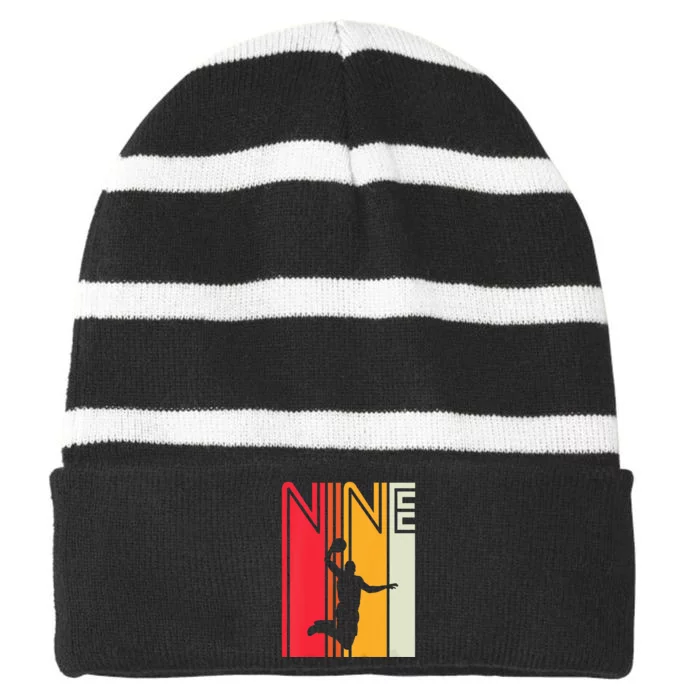 Kids 9th Birthday Basketball Lover 9 Years Old Retro Striped Beanie with Solid Band