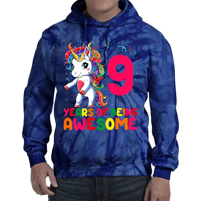 Kids 9 Years Old Unicorn Flossing 9th Birthday Girl Unicorn Party Tie Dye Hoodie