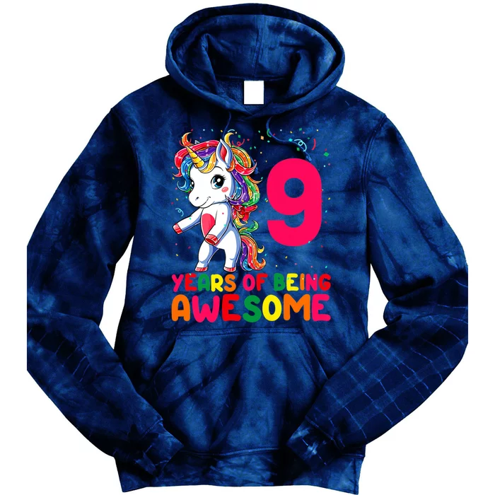 Kids 9 Years Old Unicorn Flossing 9th Birthday Girl Unicorn Party Tie Dye Hoodie