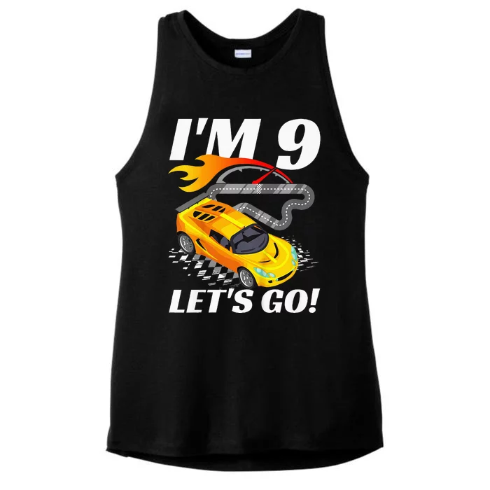 Kids 9 Year Old 9th Racing Racecar Birthday Party Ladies Tri-Blend Wicking Tank