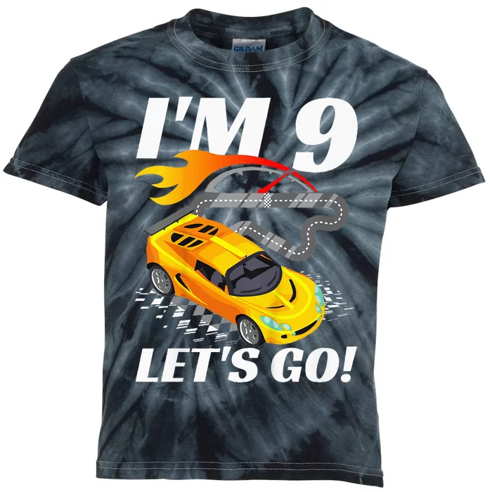 Kids 9 Year Old 9th Racing Racecar Birthday Party Kids Tie-Dye T-Shirt