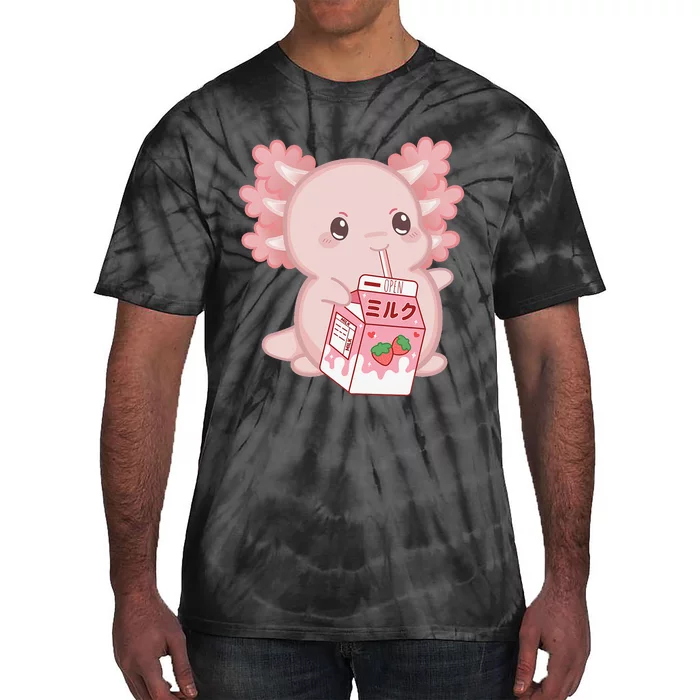 Kawaii Anime Axolotl Drinking Strawberry Milk Cute Japanese Tie-Dye T-Shirt