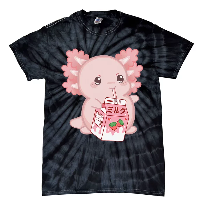 Kawaii Anime Axolotl Drinking Strawberry Milk Cute Japanese Tie-Dye T-Shirt