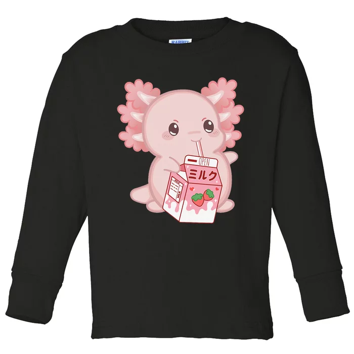 Kawaii Anime Axolotl Drinking Strawberry Milk Cute Japanese Toddler Long Sleeve Shirt