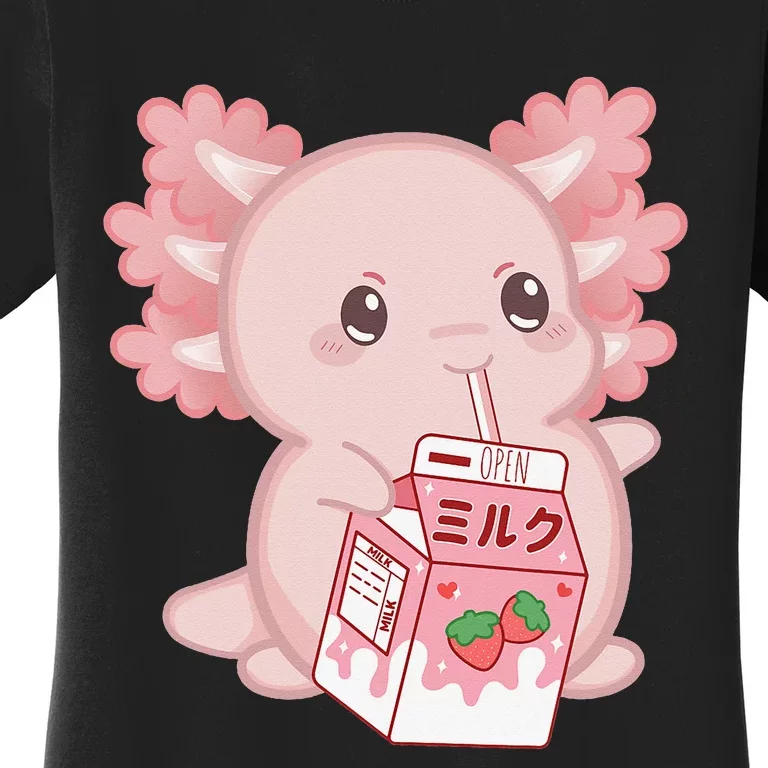 Kawaii Anime Axolotl Drinking Strawberry Milk Cute Japanese Women's T-Shirt