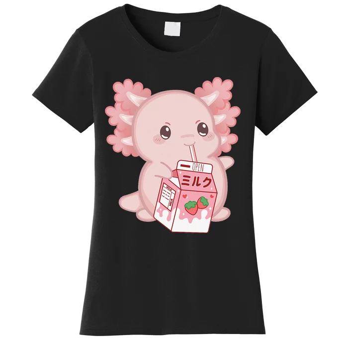 Kawaii Anime Axolotl Drinking Strawberry Milk Cute Japanese Women's T-Shirt