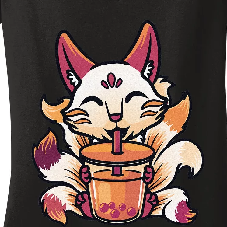 Kitsune Anime Boba Japanese Bubble Tea Cute Fox Kawaii Women's V-Neck T-Shirt