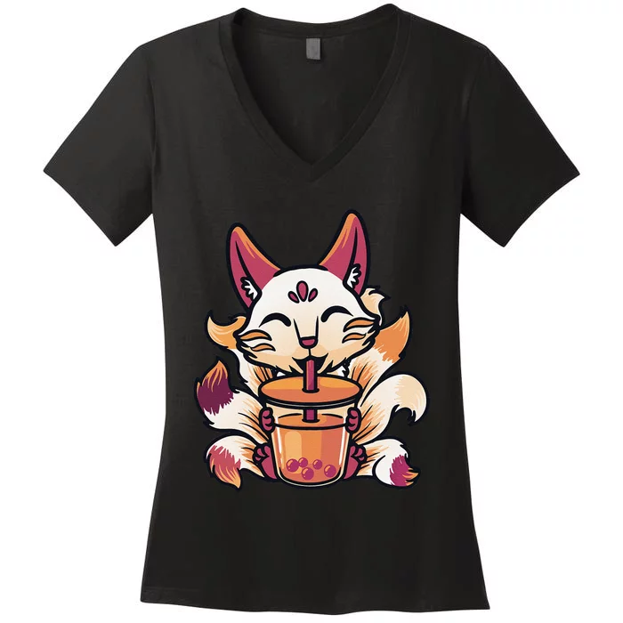 Kitsune Anime Boba Japanese Bubble Tea Cute Fox Kawaii Women's V-Neck T-Shirt