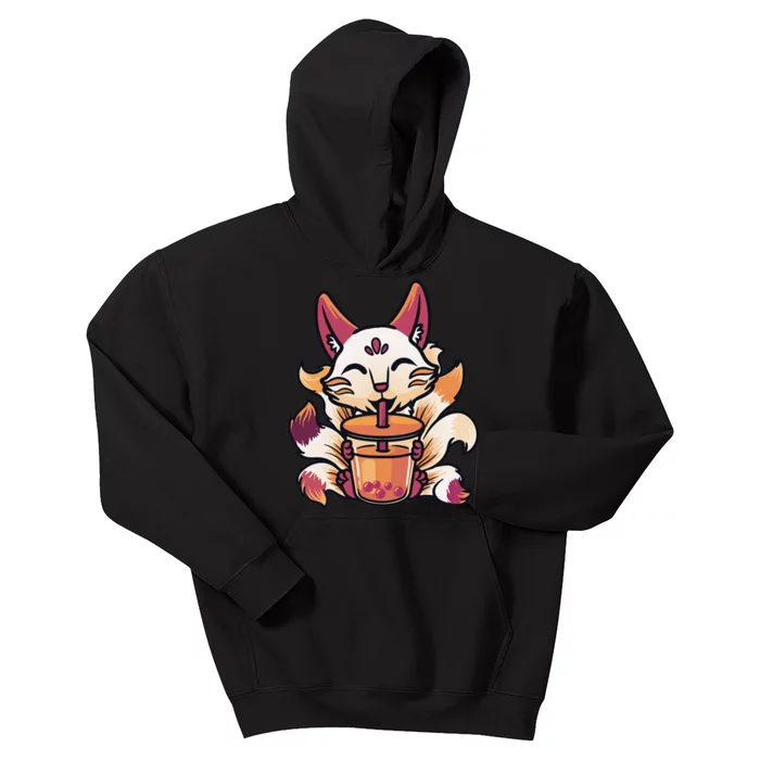 Kitsune Anime Boba Japanese Bubble Tea Cute Fox Kawaii Kids Hoodie